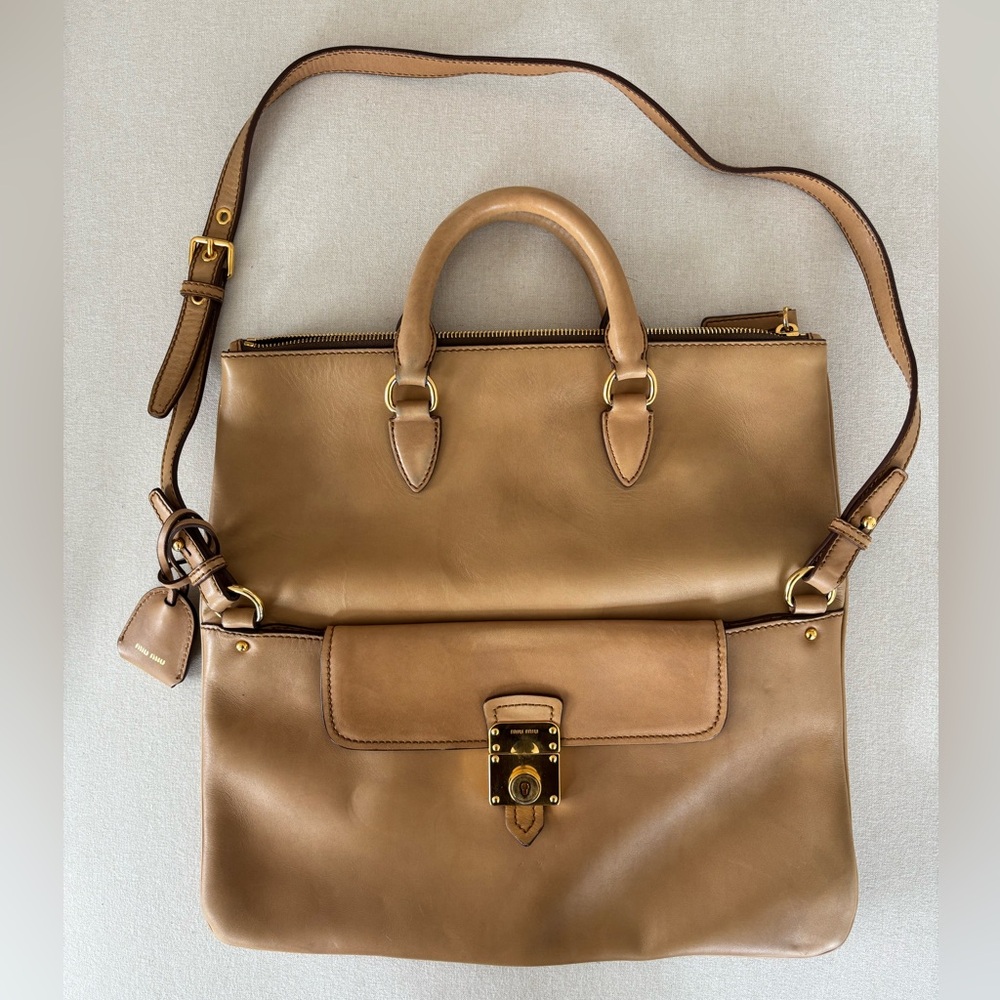 Miu Miu foldover crossbody vitello leather bag tan beige